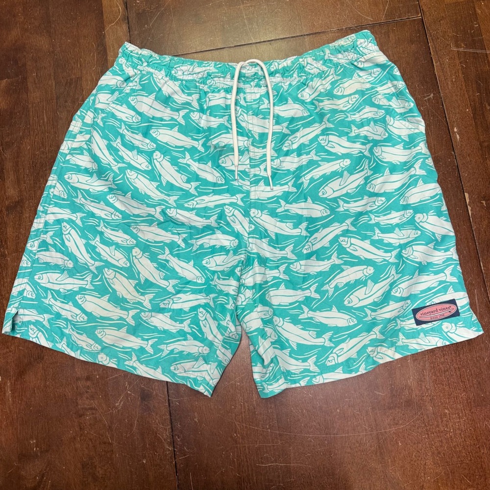 Vineyard Vines Chappy Swim Trunks Mens Size M Teal‎ Fish Print 1M0347 Mesh Lined